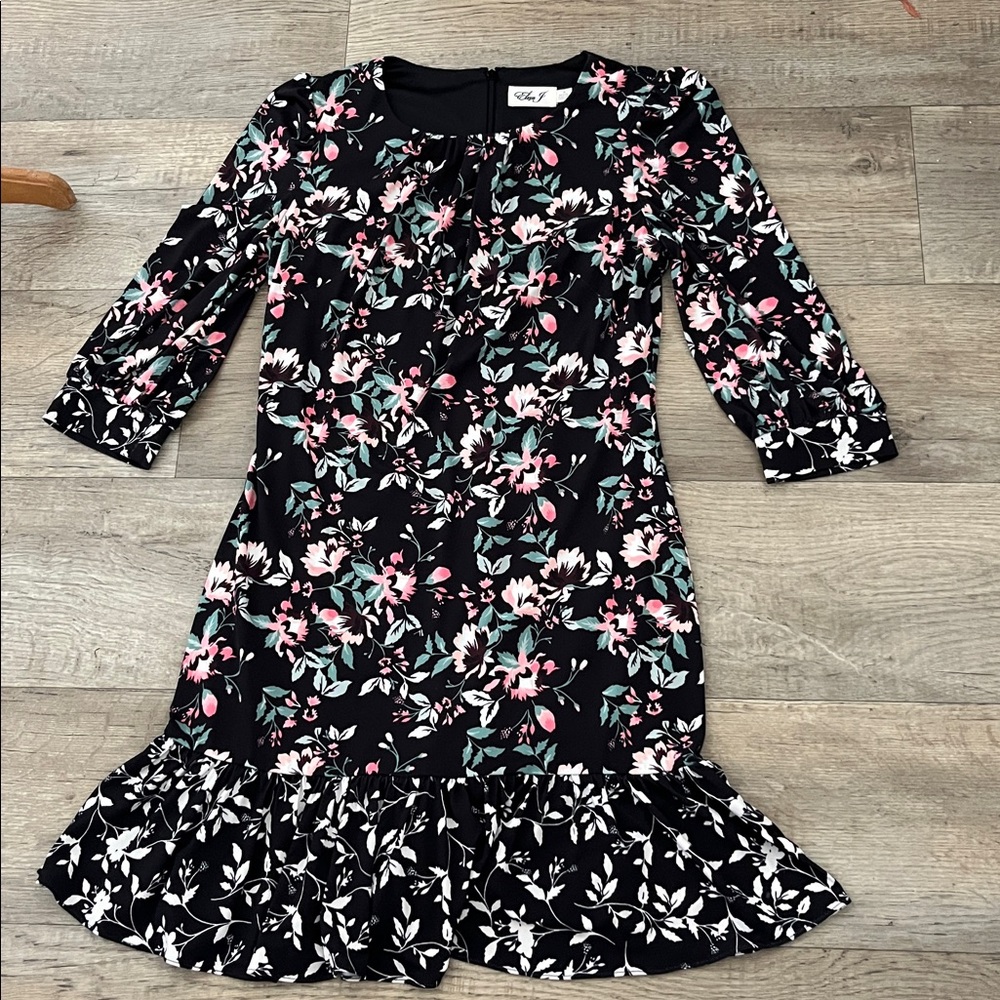 Eliza J Black Dress Pink Floral Design Contrasting Ruffle at Hemline Size 10